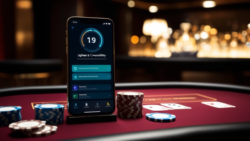 Smartphone con schermata di aggiornamenti e compatibilità in ambiente casino scuro